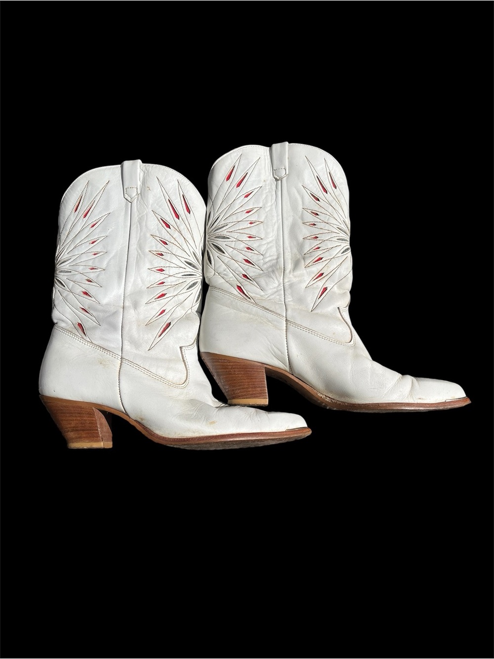 Dingo White Leather Western Ankle Boots with Red and Blue Cutout Accents